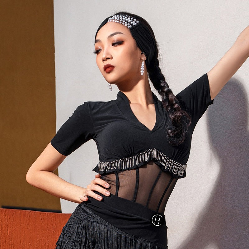 Black mesh corset Latin dance bodysuit, side view