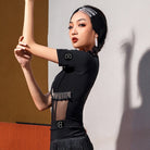 Black short sleeve Latin dance leotard, side view