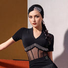 Black fringe trim mesh corset Latin dance leotard, front view