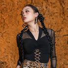 Black mesh sleeve Latin dance leotard, close view