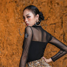 Black lace up Latin dance bodysuit, side view