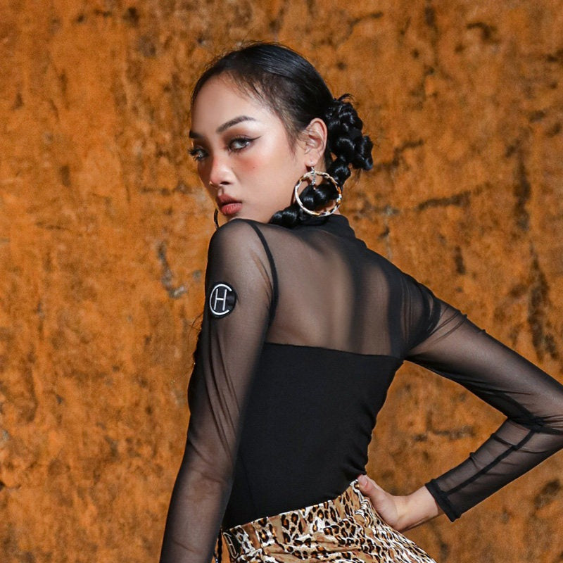 Black lace up Latin dance bodysuit, side view