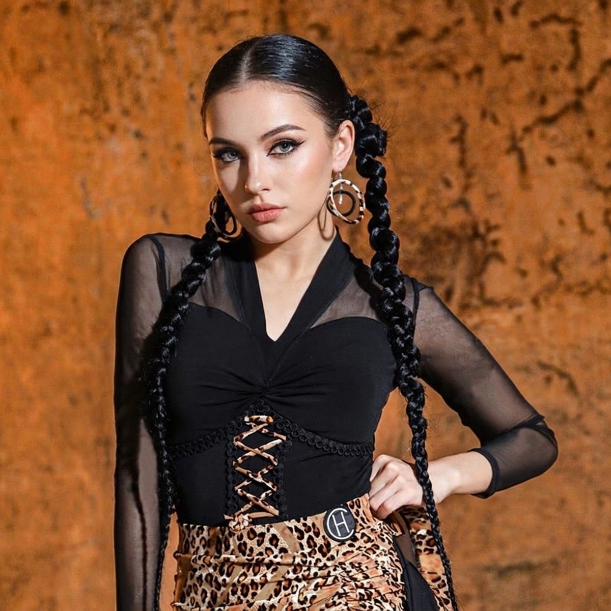 Black lace up mesh sleeve Latin dance leotard, front view