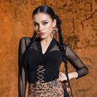 Black lace up mesh sleeve Latin dance leotard, front view
