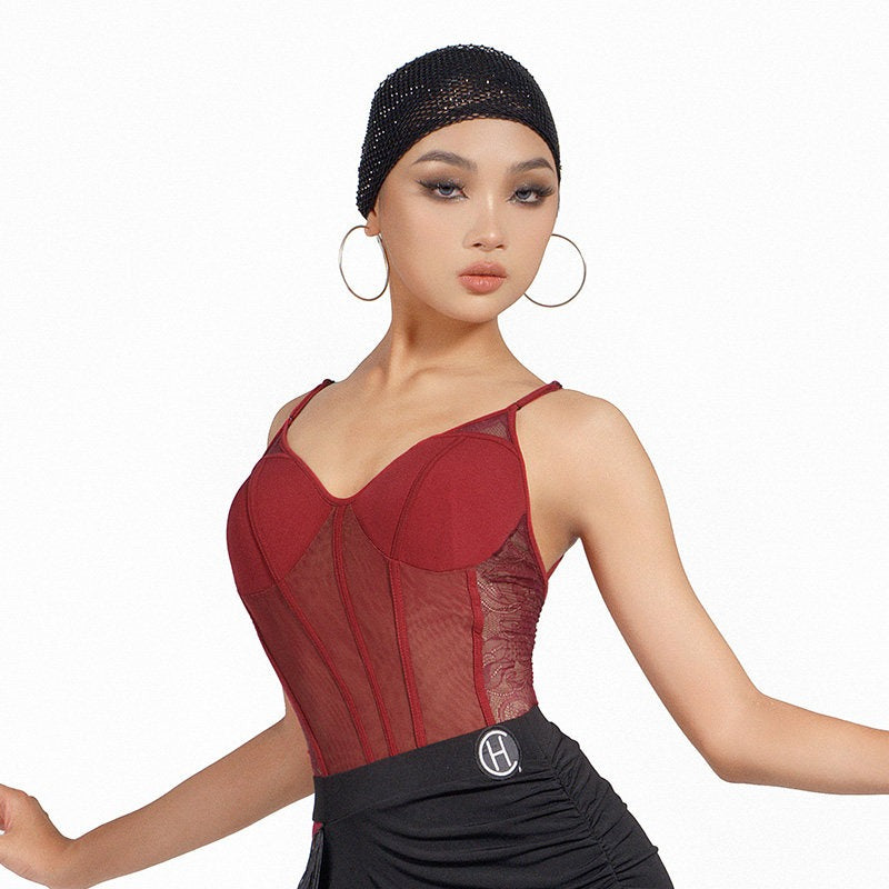 Burgundy mesh corset cami Latin dance leotard