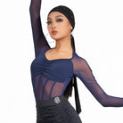 Navy ruched mesh long sleeve Latin dance leotard, front view
