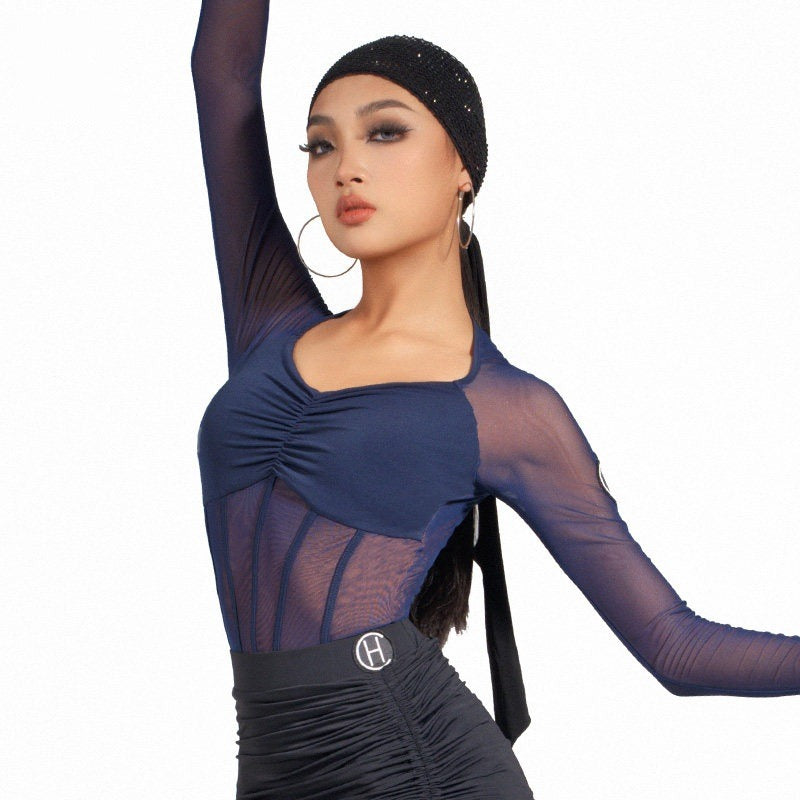 Navy ruched mesh long sleeve Latin dance leotard, front view