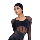 Black ruched mesh Latin dance bodysuit, front view