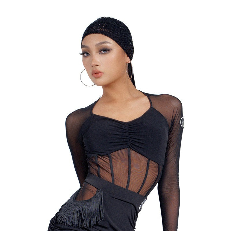 Black ruched mesh Latin dance bodysuit, front view