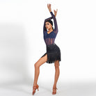 Navy long sleeve Latin leotard worn with a fringe skirt