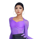 Purple ruched mesh long sleeve Latin dance leotard