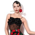 Black ruffle lace cami Latin dance leotard, front view