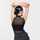 Black mock neck mesh Latin dance bodysuit, back view