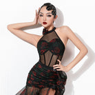 Black rose halter Latin dance leotard, front view