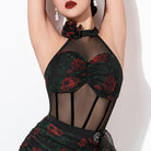 Close view of the rose print ruched bust