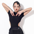 Black mock neck Latin dance bodysuit, front view
