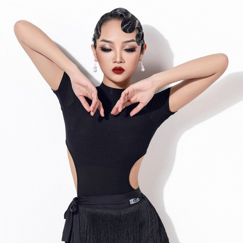 Black mock neck Latin dance bodysuit, front view
