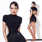 Black backless mock neck Latin dance leotard, front and back