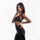 Black rose print mesh Latin dance bodysuit, side view