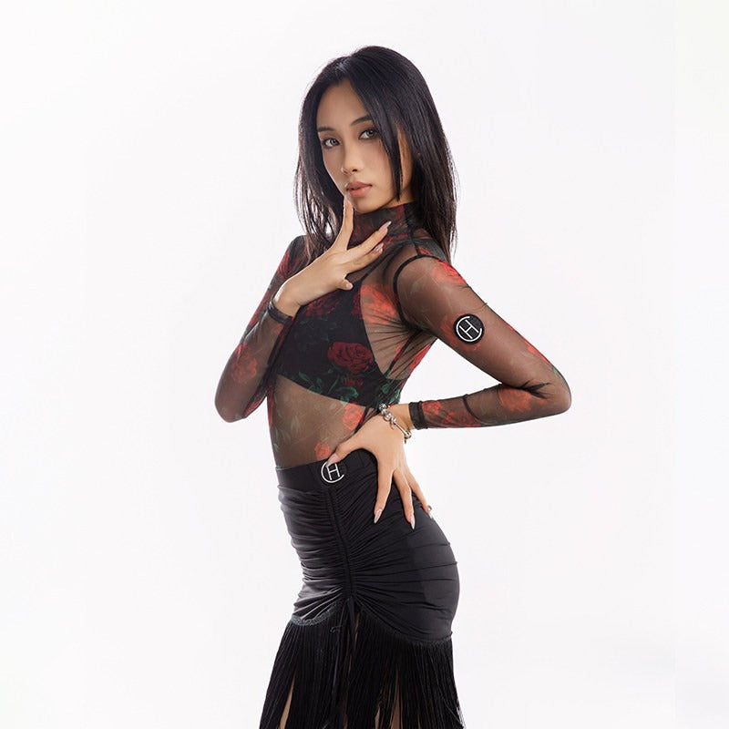 Black rose print mesh Latin dance bodysuit, side view