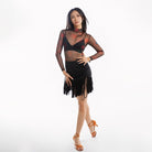 Black rose mesh Latin leotard worn with a fringe skirt