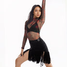Black rose sheer mesh Latin leotard, arms raised