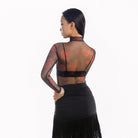 Black rose mesh long sleeve Latin dance bodysuit, back view