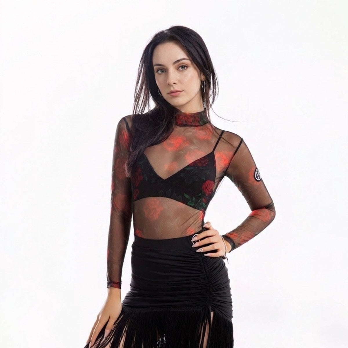 Black rose sheer mesh long sleeve Latin dance leotard, front view