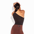 Black asymmetric dance leotard, back view