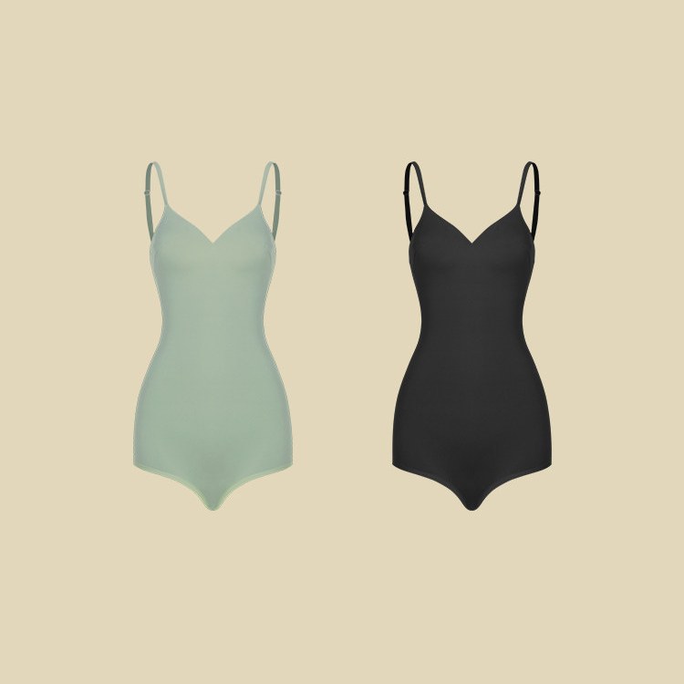 Sage green and black V neck cami dance leotards, product view