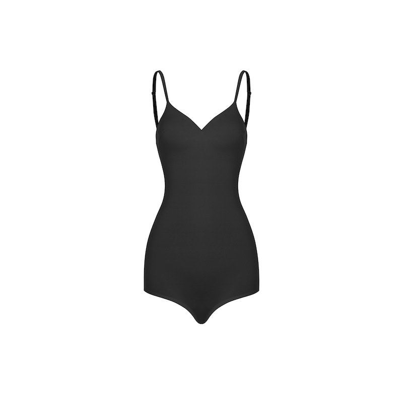 Black V neck cami dance bodysuit, product view