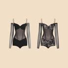 Black and snake print off shoulder mesh leotards, product view