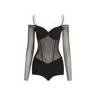 Black mesh off shoulder dance leotard, product view