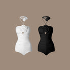 White and black rose halter ruched leotards, product view