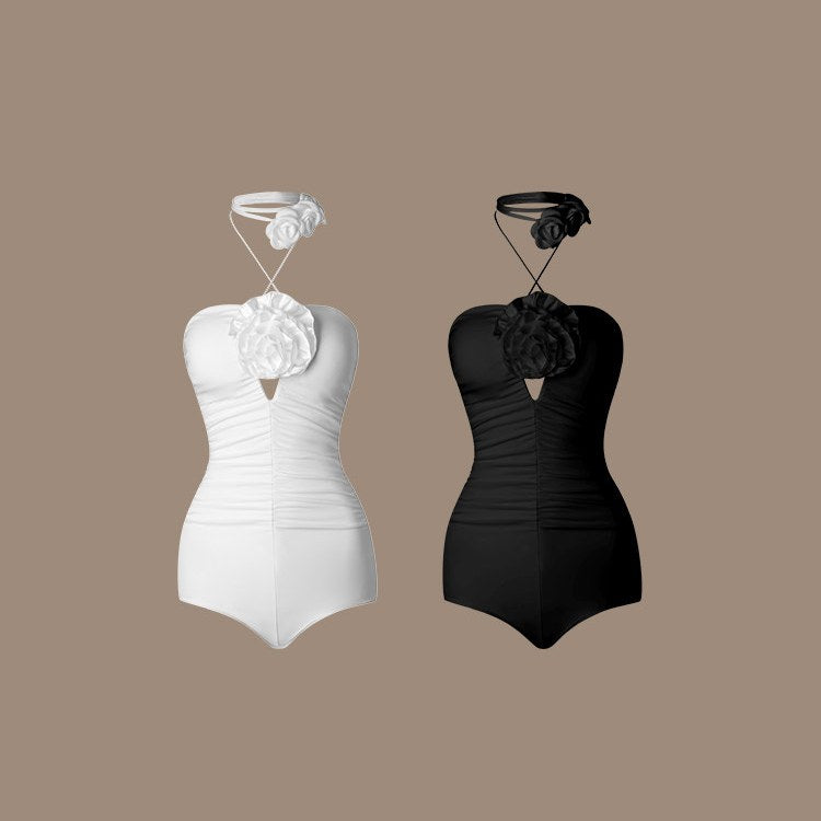 White and black rose halter ruched leotards, product view