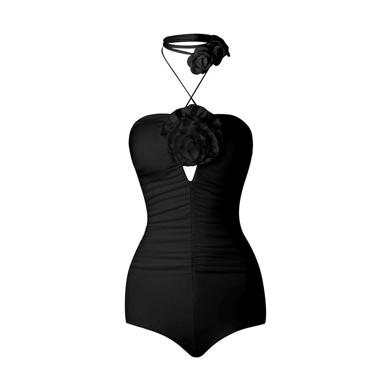 Black rose halter ruched dance leotard, product view