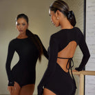 Black tie back dance bodysuit, side view