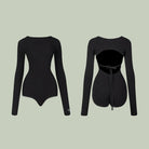 Black long sleeve tie back leotard, front and back product view