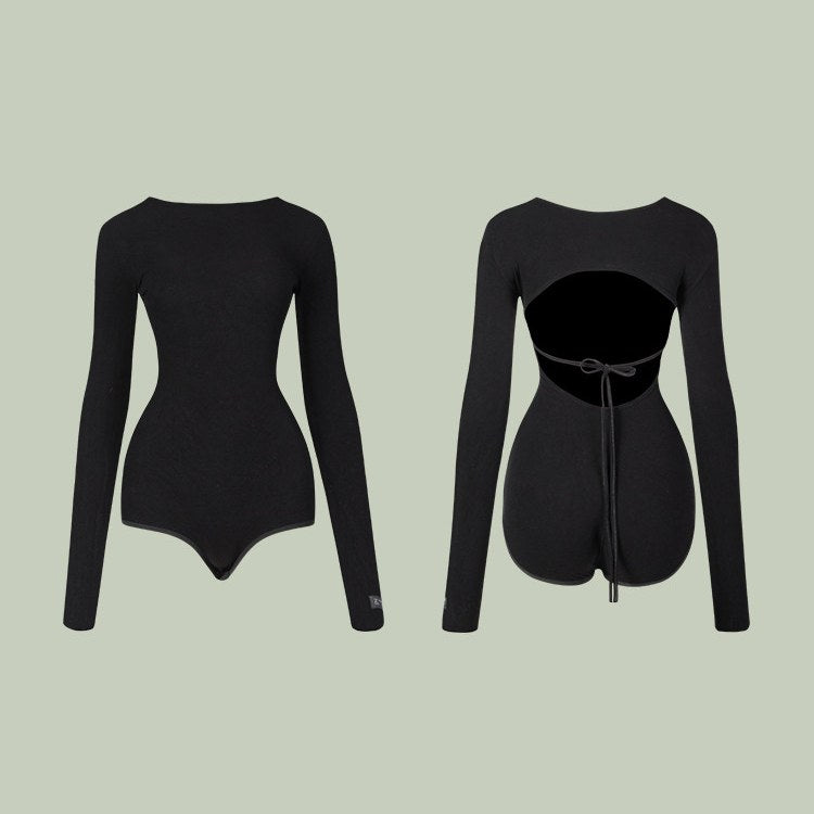 Black long sleeve tie back leotard, front and back product view