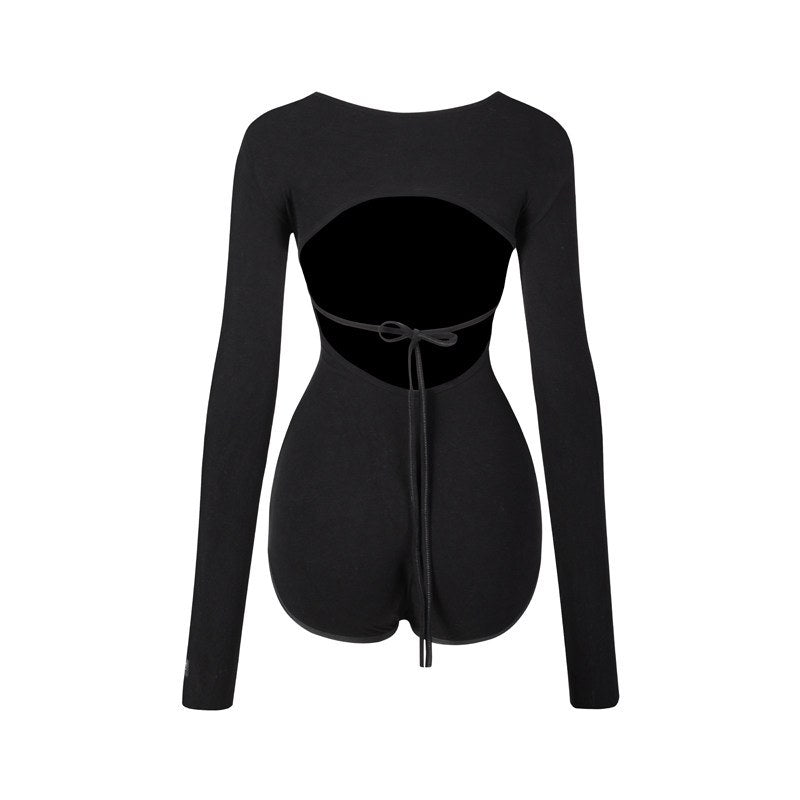 Black cut out back dance bodysuit, product view