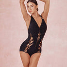 Black woven cut out halter deep V Latin dance leotard, front view
