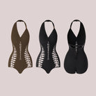 Brown and black woven cut out halter leotards, product view