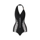 Black woven cut out halter dance bodysuit, product view