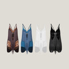 Fringe dance leotards in brown leopard, blue, white and black, product view