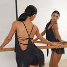Black fringe leotard, crisscross back straps