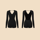 Black long sleeve open back Latin dance leotard, flat lay front and back