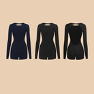 Navy Blue, Black crew neck long sleeve Latin dance bodysuit, flat lay of both colours