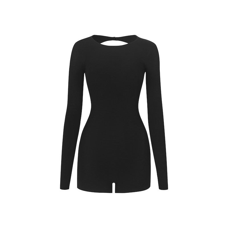 Black crew neck long sleeve Latin dance bodysuit, flat lay