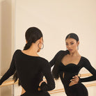 Black velvet bust long sleeve leotard, back and front view