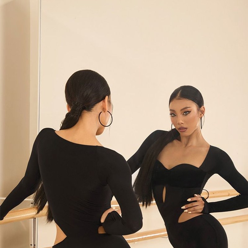 Black velvet bust long sleeve leotard, back and front view